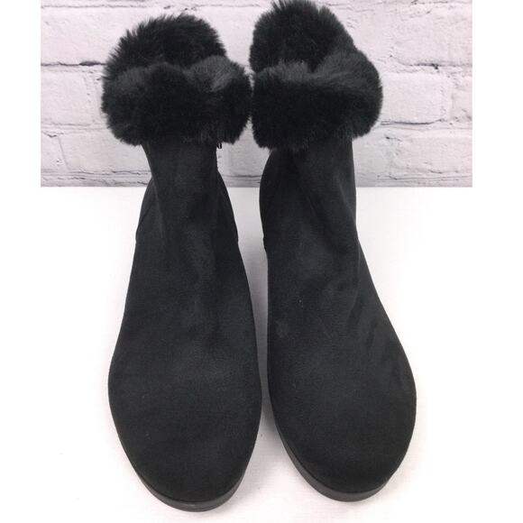 DKNY Faux Fur Trim Textile Upper Almond Toe Side Zip Black Wedge Ankle Bootie 11 - Picture 2 of 13